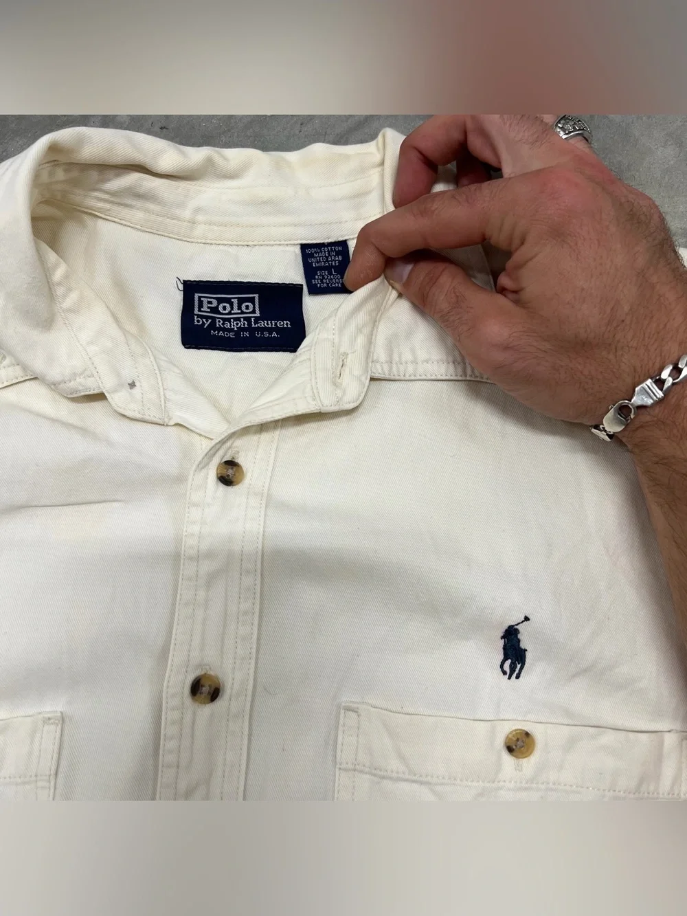 Vintage 90s Polo Ralph Lauren Shirt Large Made in USA Dual Pocket Beige Cream